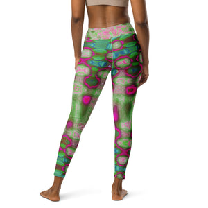 Yoga Leggings for Women | Abstract Magenta and Green Wavy Tie Dye Clouds