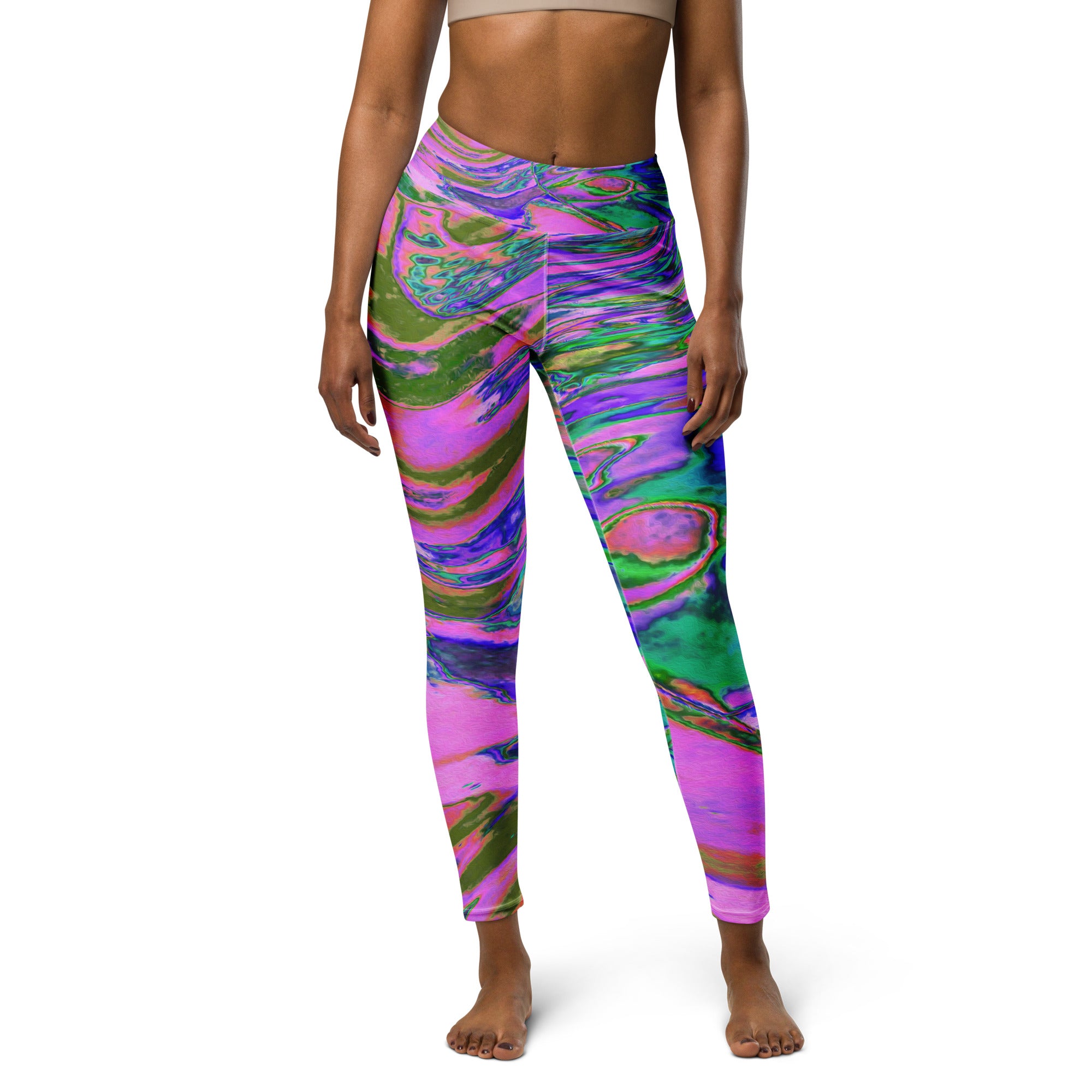 Yoga Leggings for Women - Cool Abstract Chartreuse and Hot Pink Groovy Retro