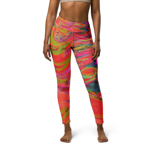 Yoga Leggings for Women - Cool Abstract Chartreuse and Red Groovy Retro
