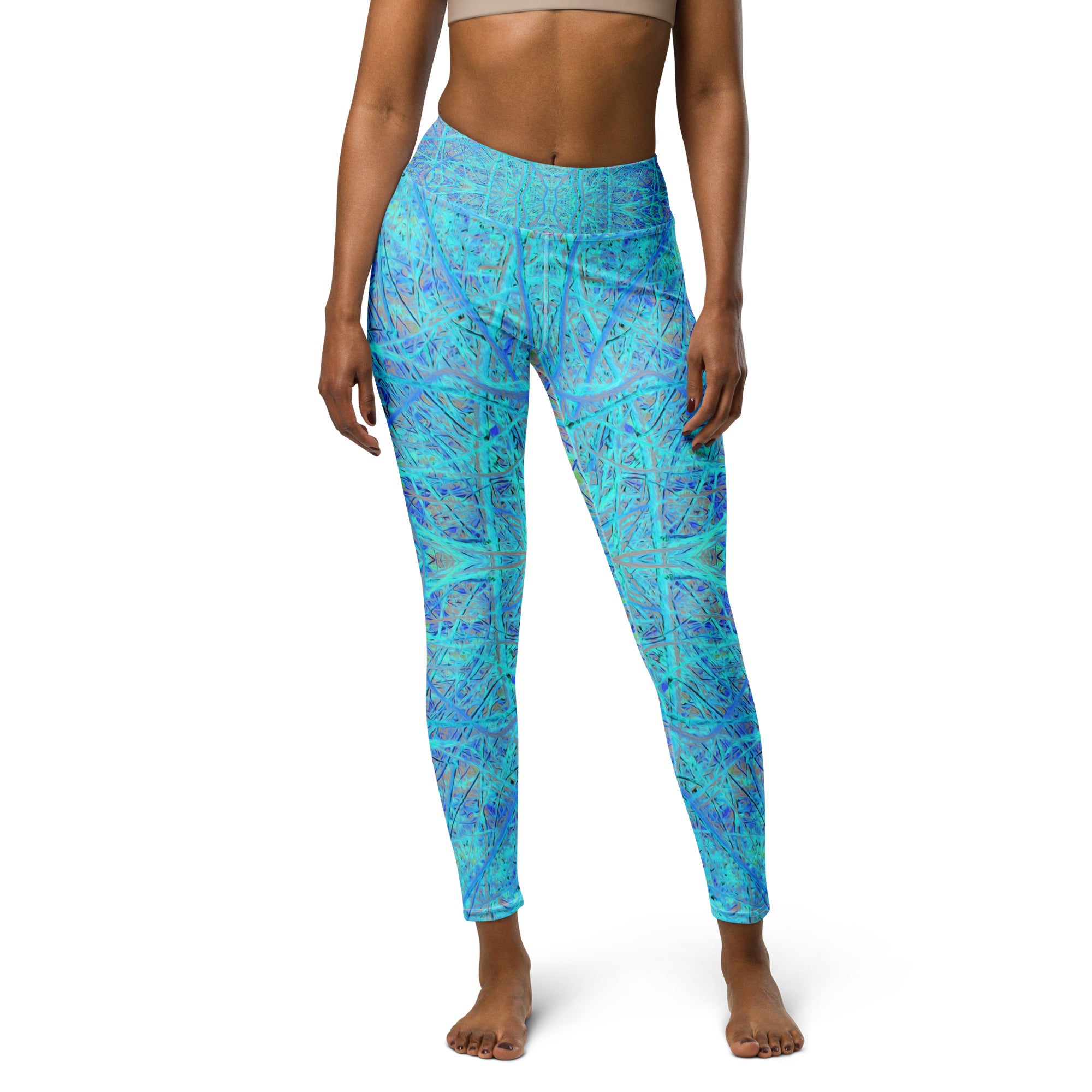 Yoga Leggings for Women - Cool Aqua Blue Abstract Branch Pattern