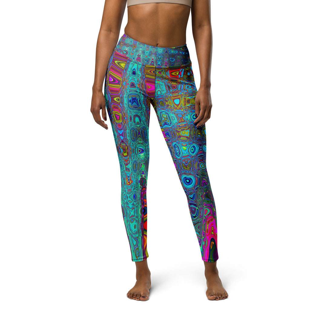 Yoga Leggings for Women | Trippy Sky Blue Abstract Retro Atomic Waves