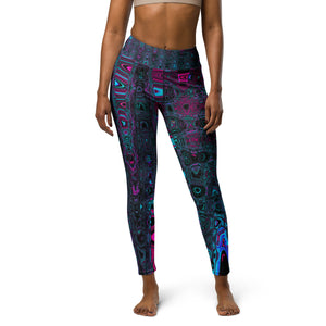 Yoga Leggings for Women | Retro Aqua Magenta and Black Abstract Atomic Waves