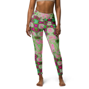 Yoga Leggings for Women | Abstract Magenta and Green Wavy Tie Dye Clouds