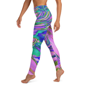 Yoga Leggings for Women - Cool Abstract Chartreuse and Hot Pink Groovy Retro