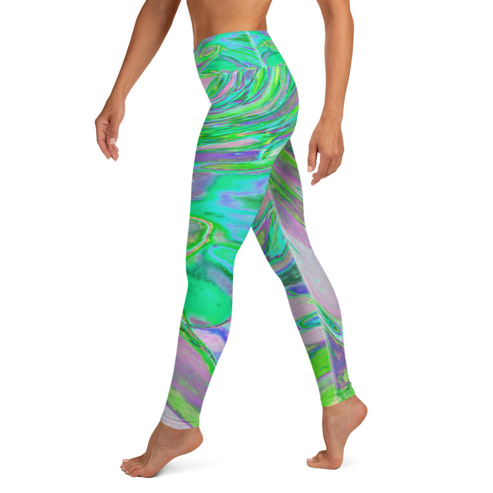 Yoga Leggings for Women - Cool Abstract Chartreuse and Blue Groovy Retro