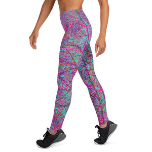 Yoga Leggings for Women - Cool Aqua and Purple Abstract Branch Pattern
