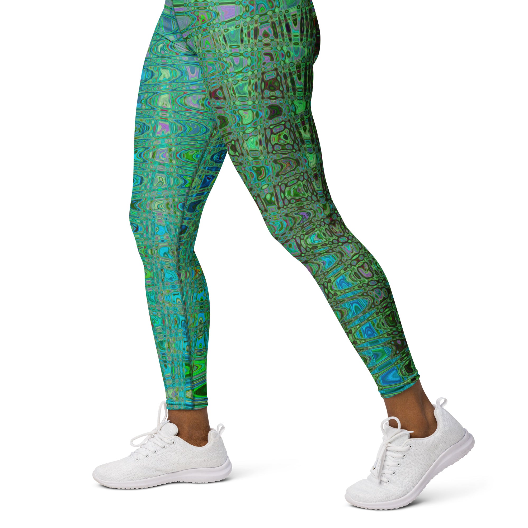 Yoga Leggings for Women | Abstract Green and Blue Retro Boomerang Waves