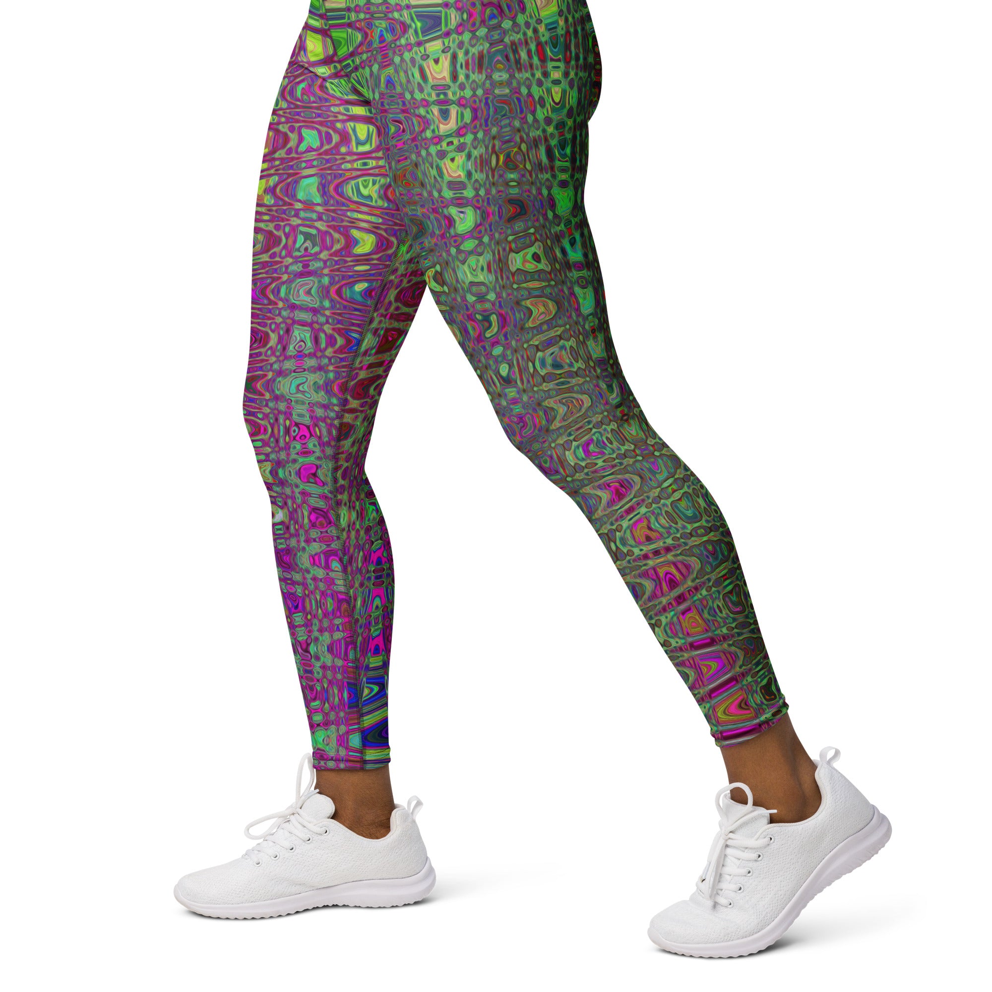 Yoga Leggings for Women | Abstract Purple and Green Retro Boomerang Waves