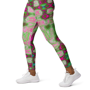 Yoga Leggings for Women | Abstract Magenta and Green Wavy Tie Dye Clouds