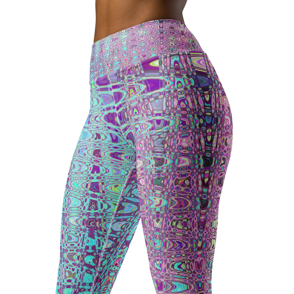 Yoga Leggings for Women | Abstract Aqua and Purple Retro Boomerang Waves