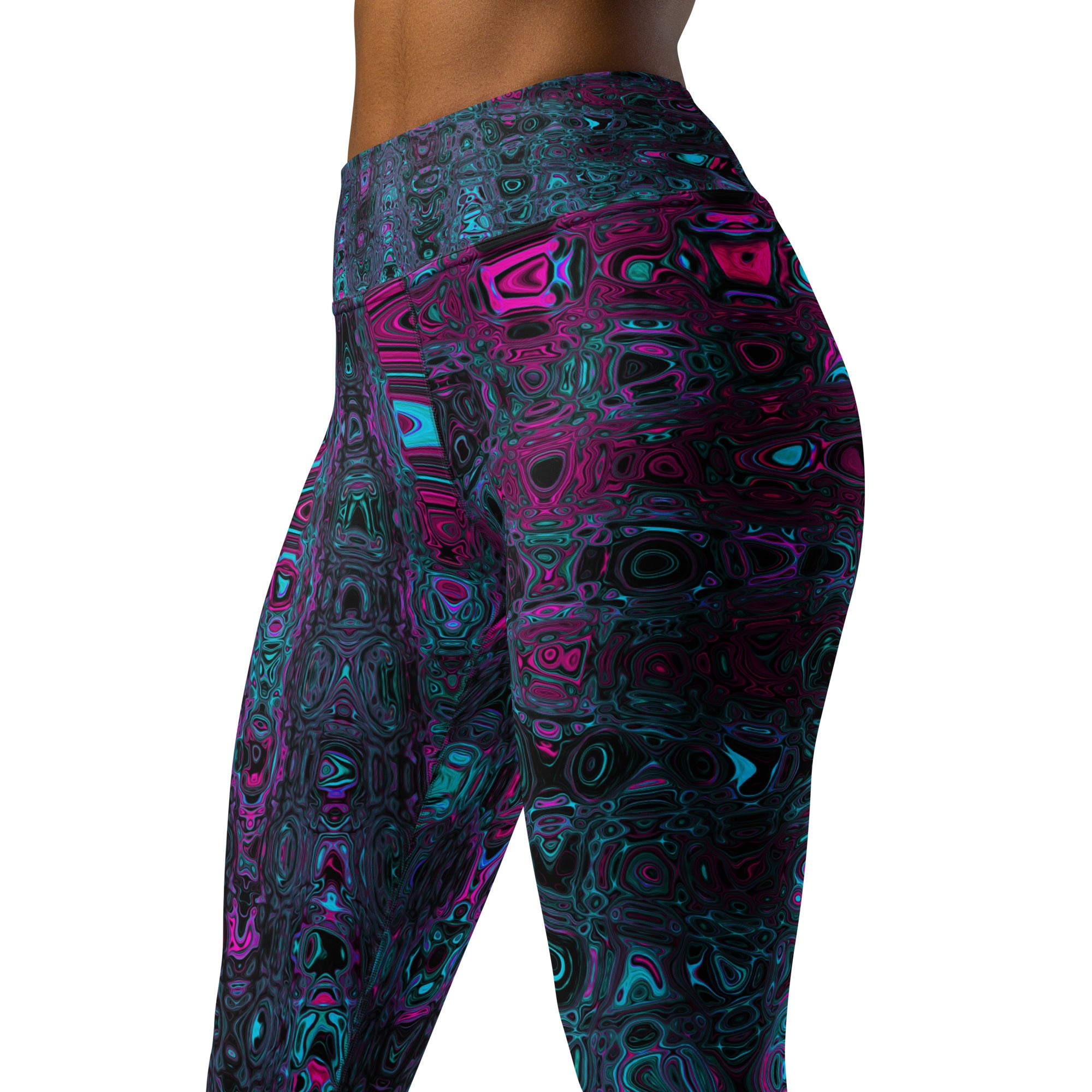 Yoga Leggings for Women | Retro Aqua Magenta and Black Abstract Atomic Waves