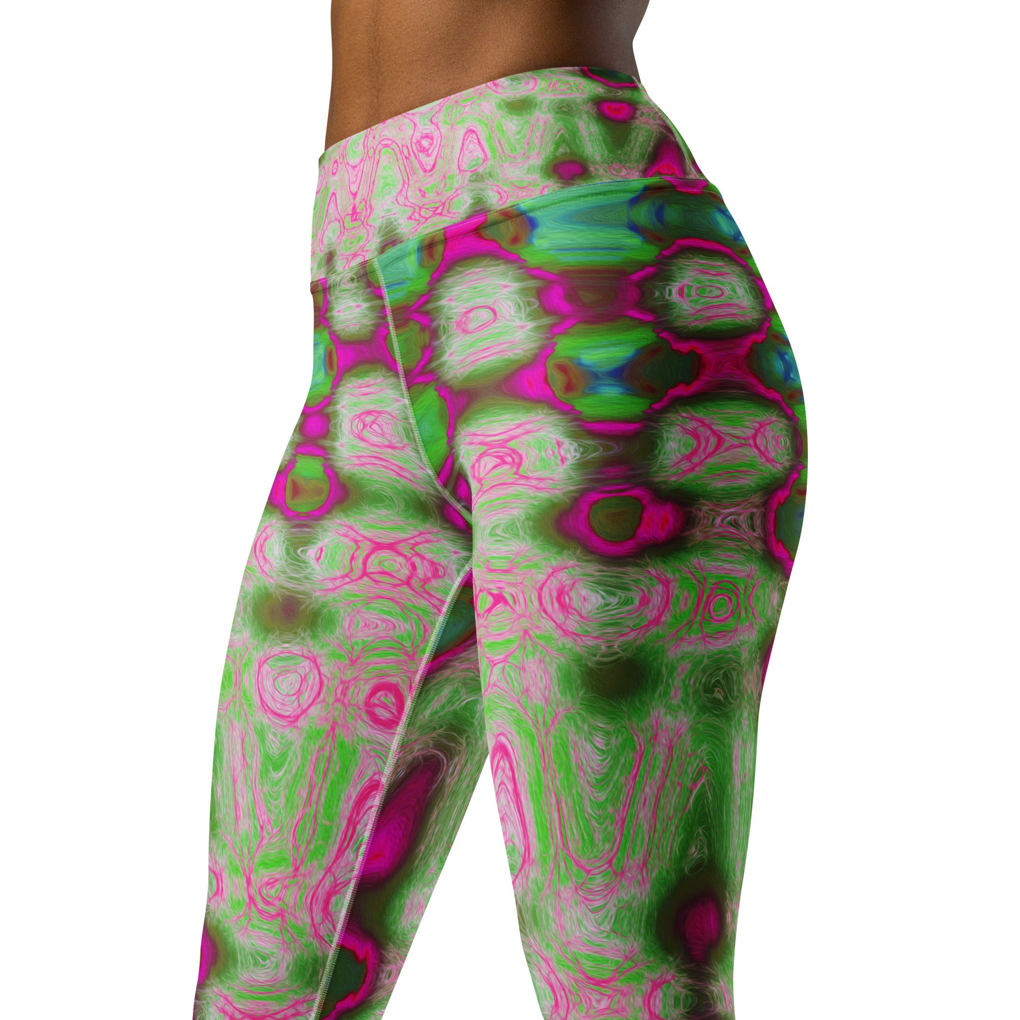 Yoga Leggings for Women | Abstract Magenta and Green Wavy Tie Dye Clouds