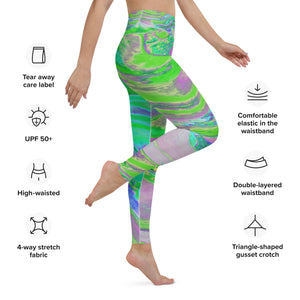 Yoga Leggings for Women - Cool Abstract Chartreuse and Blue Groovy Retro