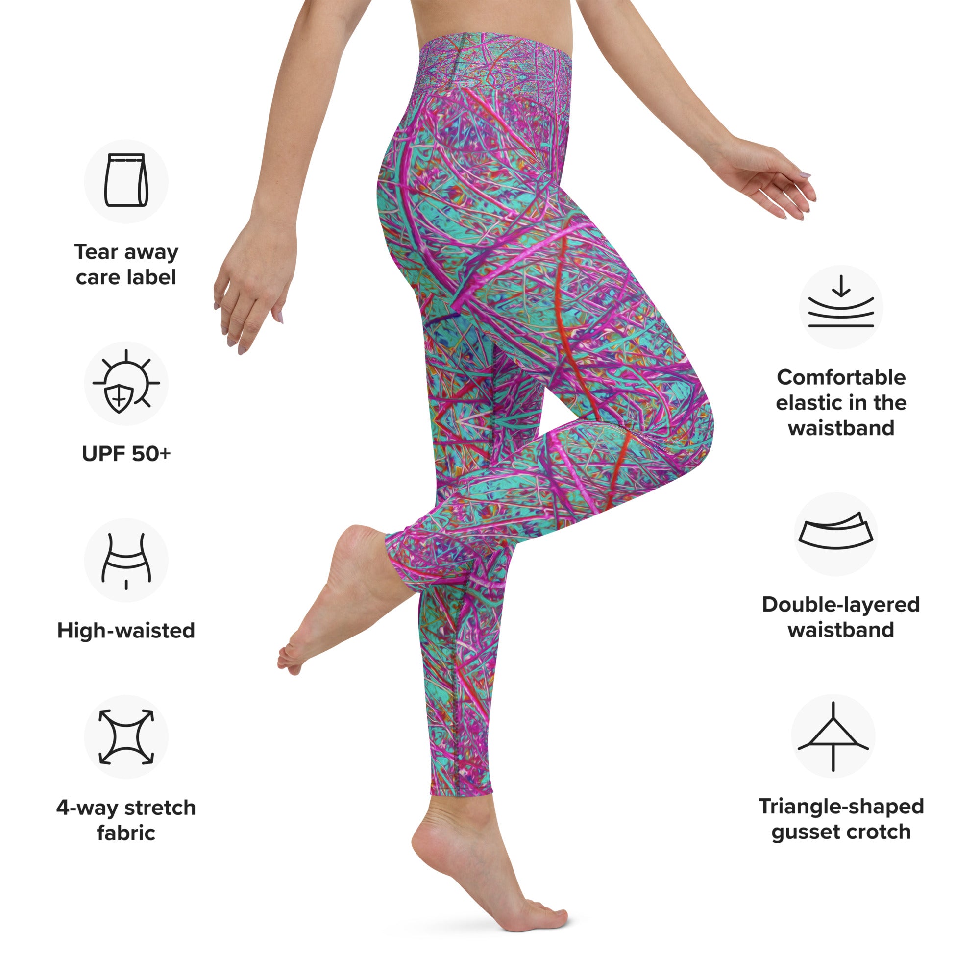 Yoga Leggings for Women - Cool Aqua and Purple Abstract Branch Pattern