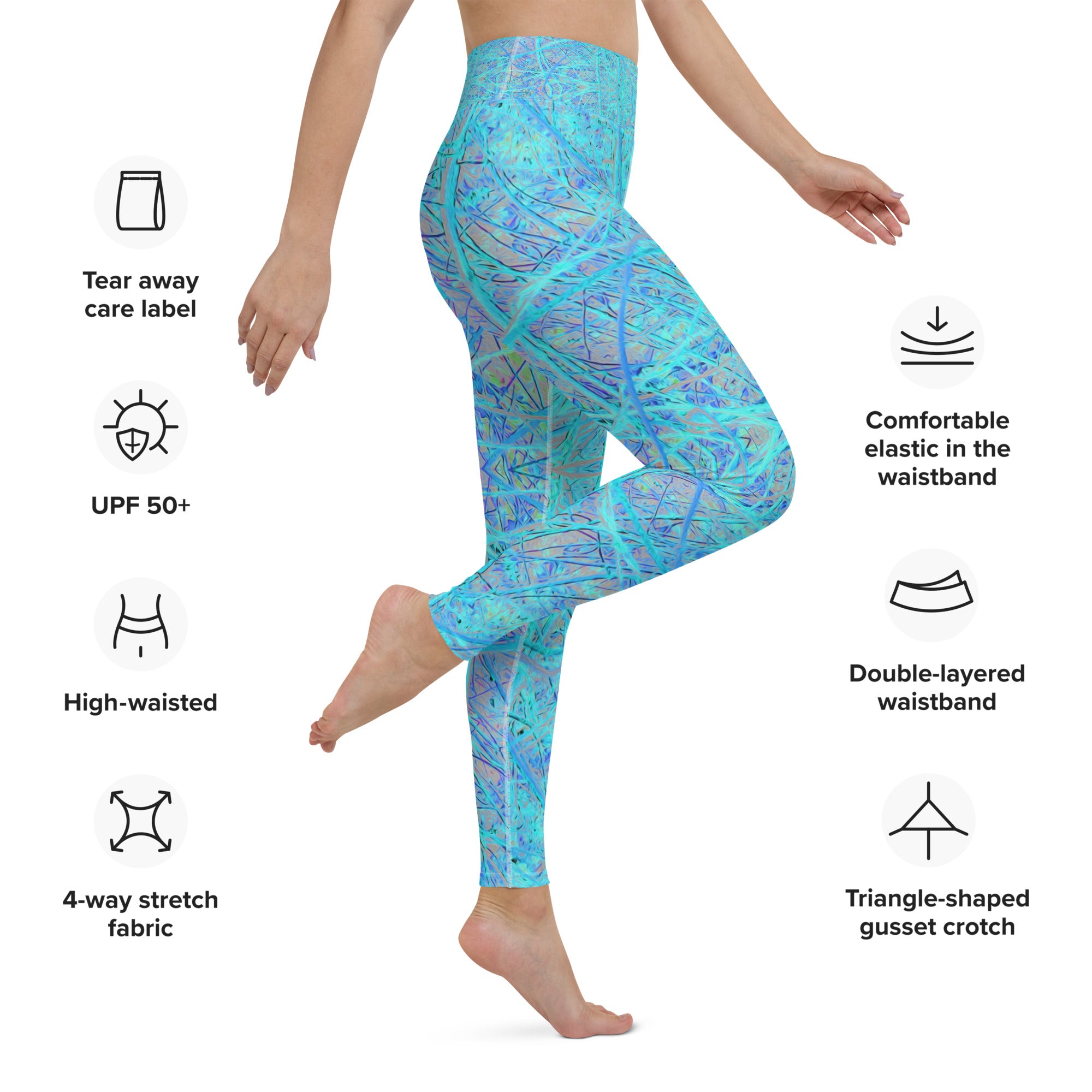 Yoga Leggings for Women - Cool Aqua Blue Abstract Branch Pattern
