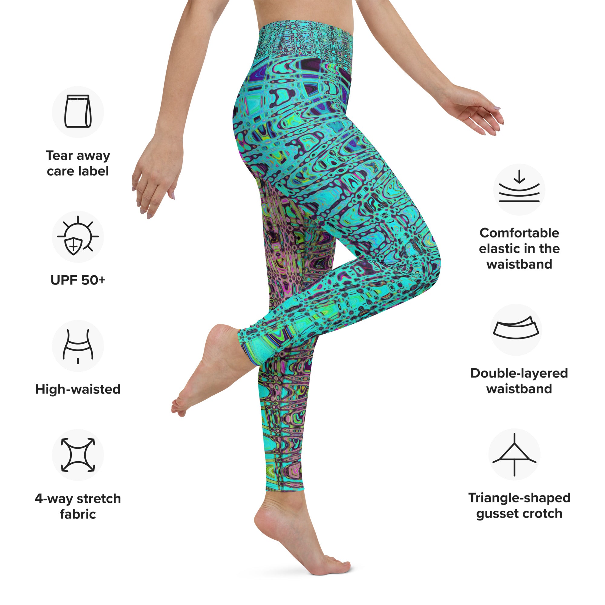 Yoga Leggings for Women | Abstract Kaleidoscopic Aqua Retro Boomerang Waves