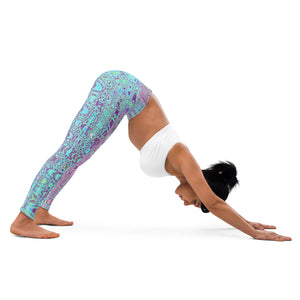Yoga Leggings for Women | Abstract Aqua and Purple Retro Boomerang Waves