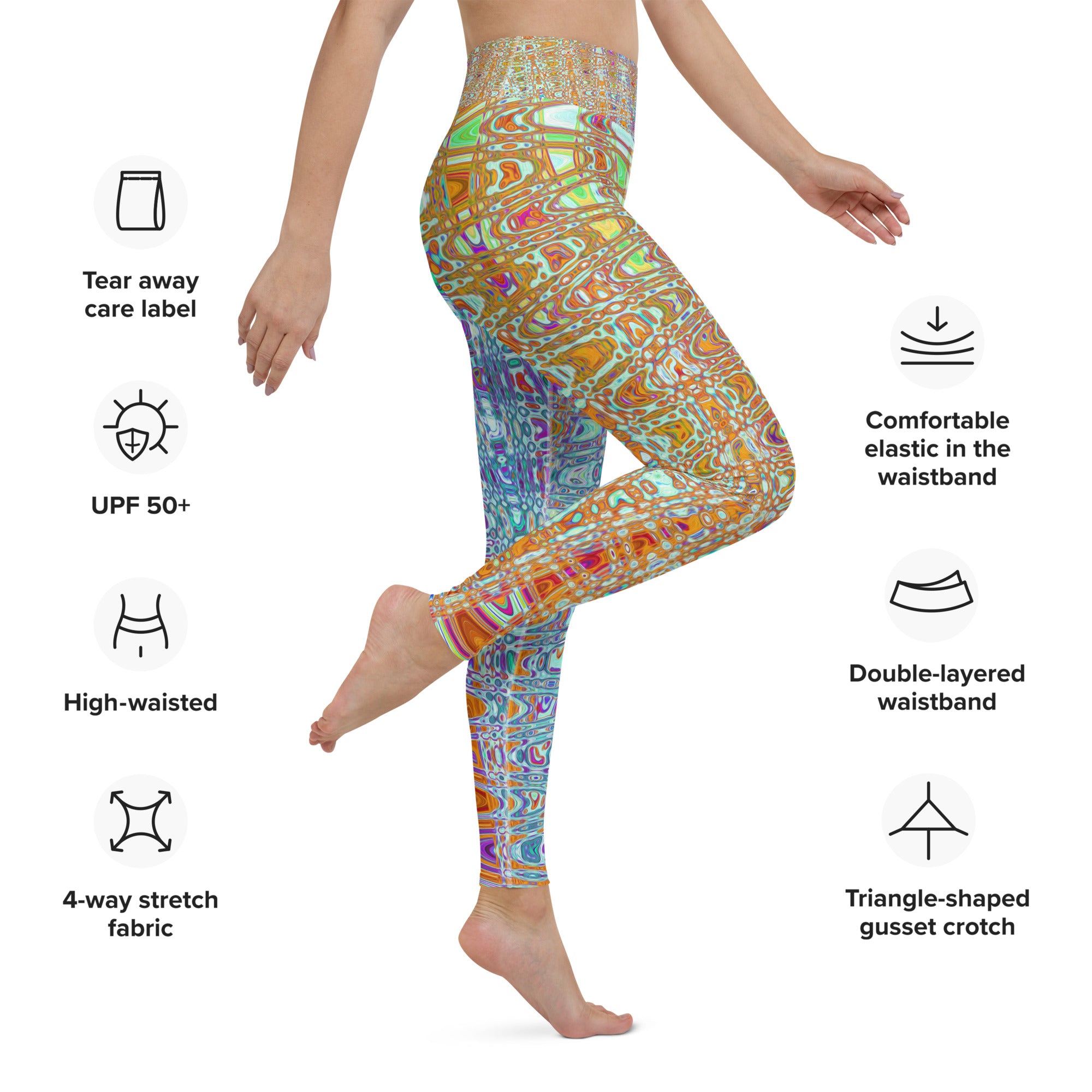 Yoga Leggings for Women | Abstract Orange and White Retro Boomerang Waves