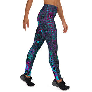 Yoga Leggings for Women | Retro Aqua Magenta and Black Abstract Atomic Waves