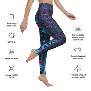 Yoga Leggings for Women | Retro Aqua Magenta and Black Abstract Atomic Waves