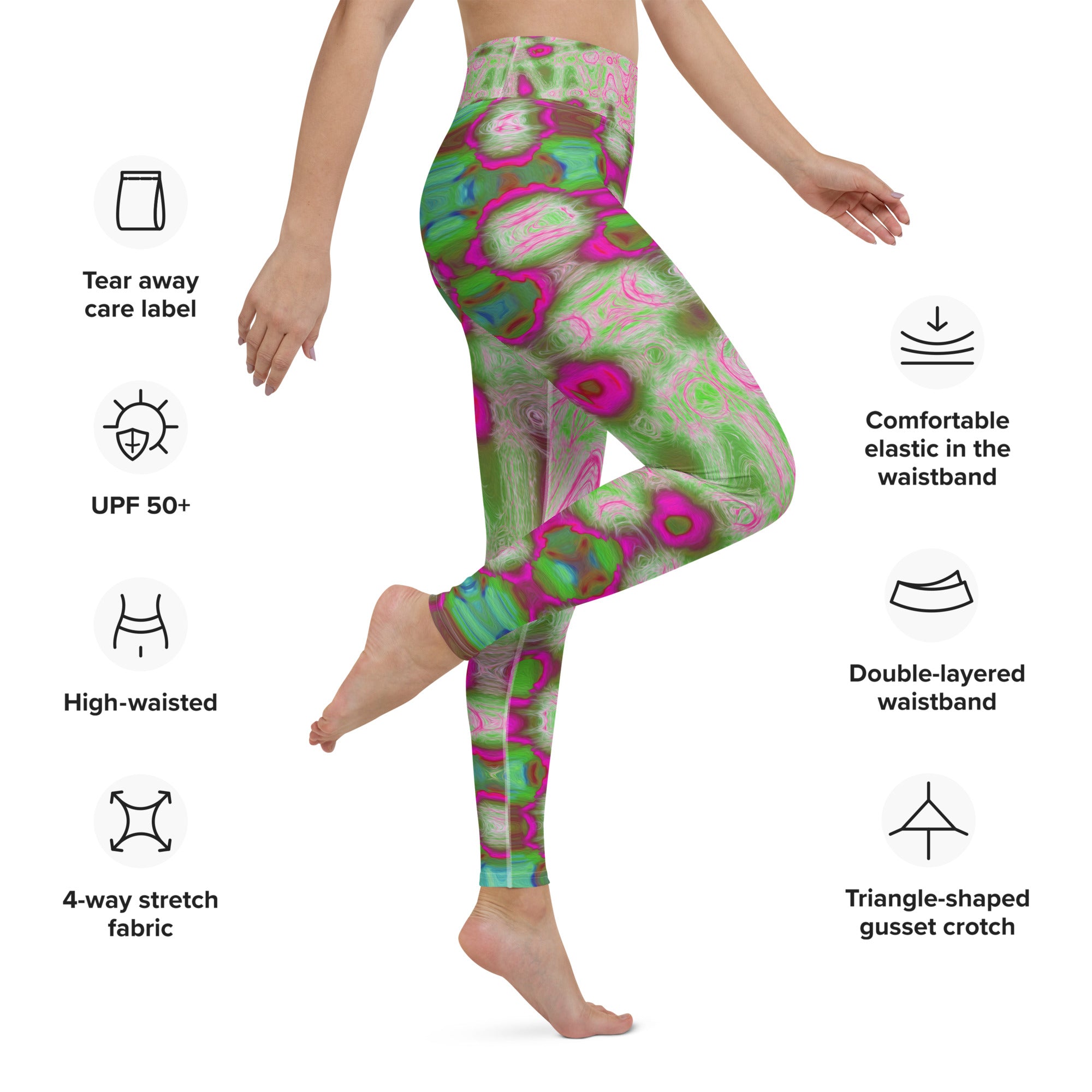 Yoga Leggings for Women | Abstract Magenta and Green Wavy Tie Dye Clouds