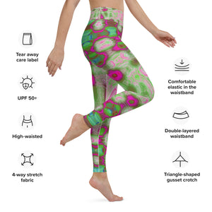 Yoga Leggings for Women | Abstract Magenta and Green Wavy Tie Dye Clouds