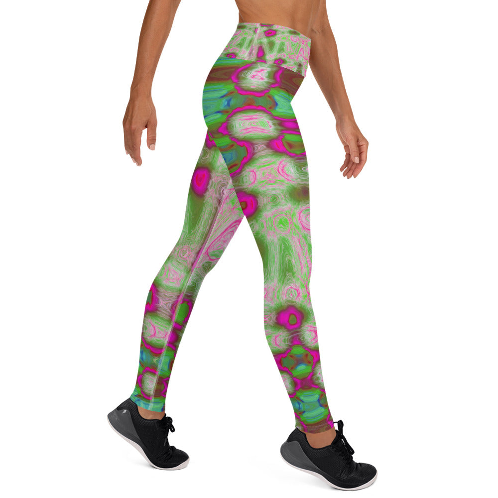 Yoga Leggings for Women | Abstract Magenta and Green Wavy Tie Dye Clouds