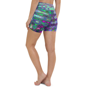 Yoga Shorts for Women | Abstract Green and Purple Wavy Mosaic Retro