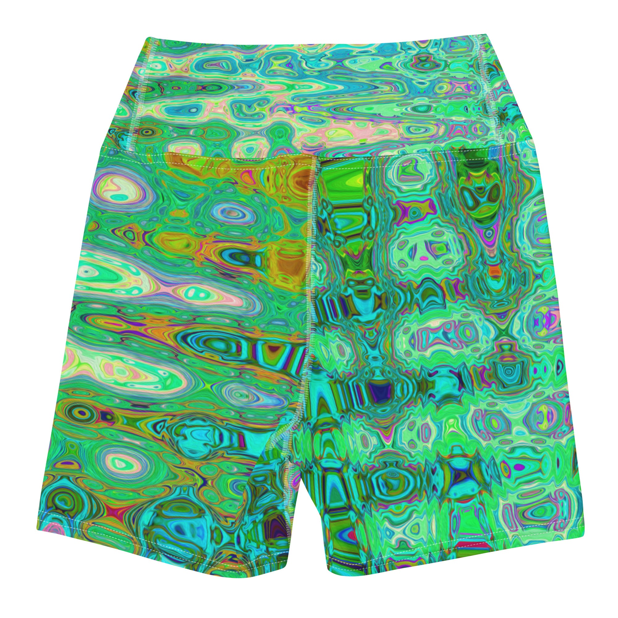 Yoga Shorts for Women | Abstract Colorful Green Wavy Mosaic Retro