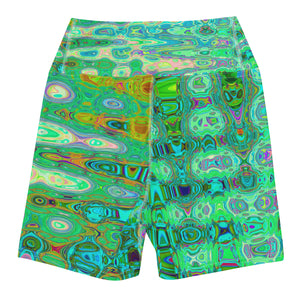 Yoga Shorts for Women | Abstract Colorful Green Wavy Mosaic Retro