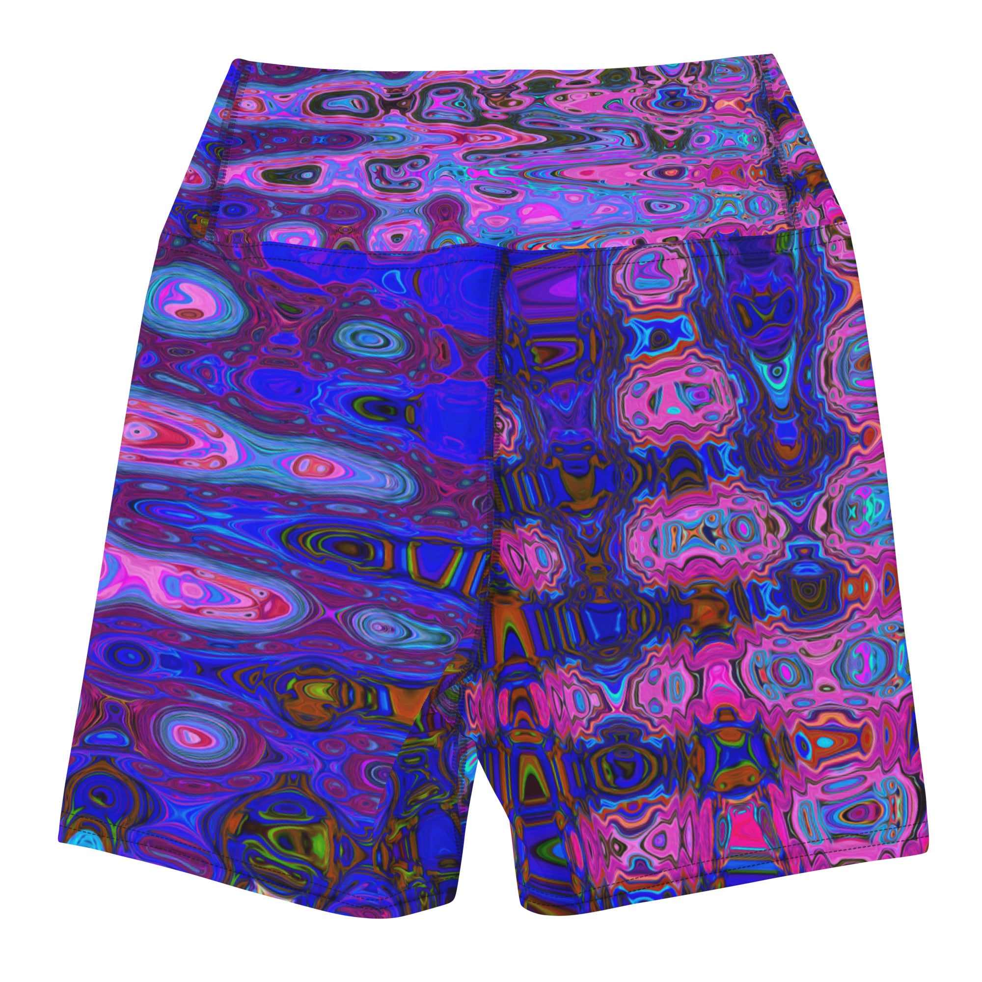 Yoga Shorts for Women | Abstract Mosaic Pink and Blue Wavy Retro