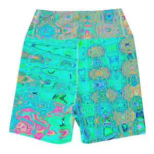 Yoga Shorts for Women | Groovy Abstract Retro Rainbow Atomic Waves