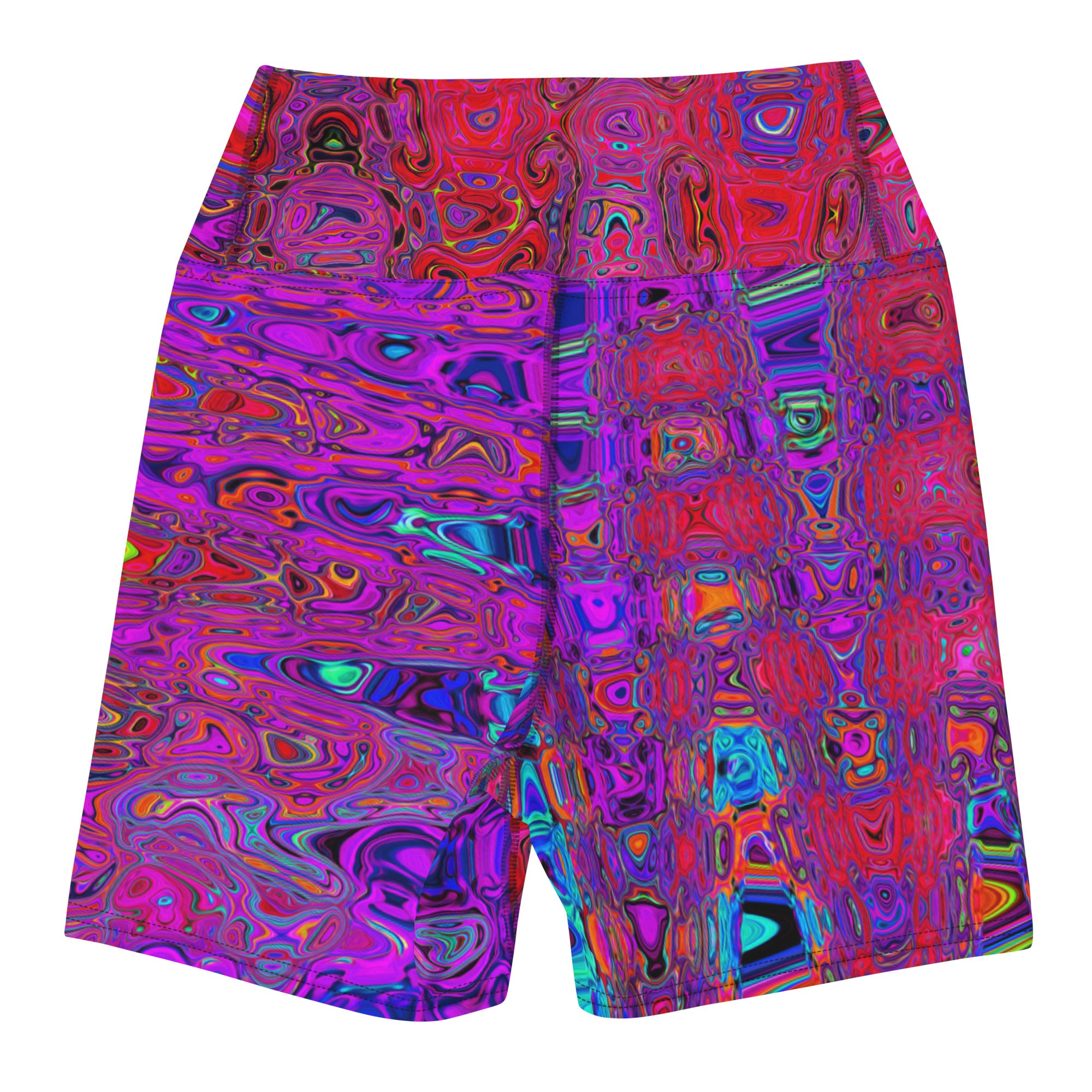 Yoga Shorts for Women | Trippy Red and Purple Abstract Retro Atomic Waves