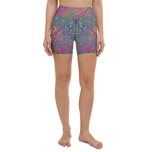 Yoga Shorts - Trippy Hot Pink Abstract Retro Liquid Swirl