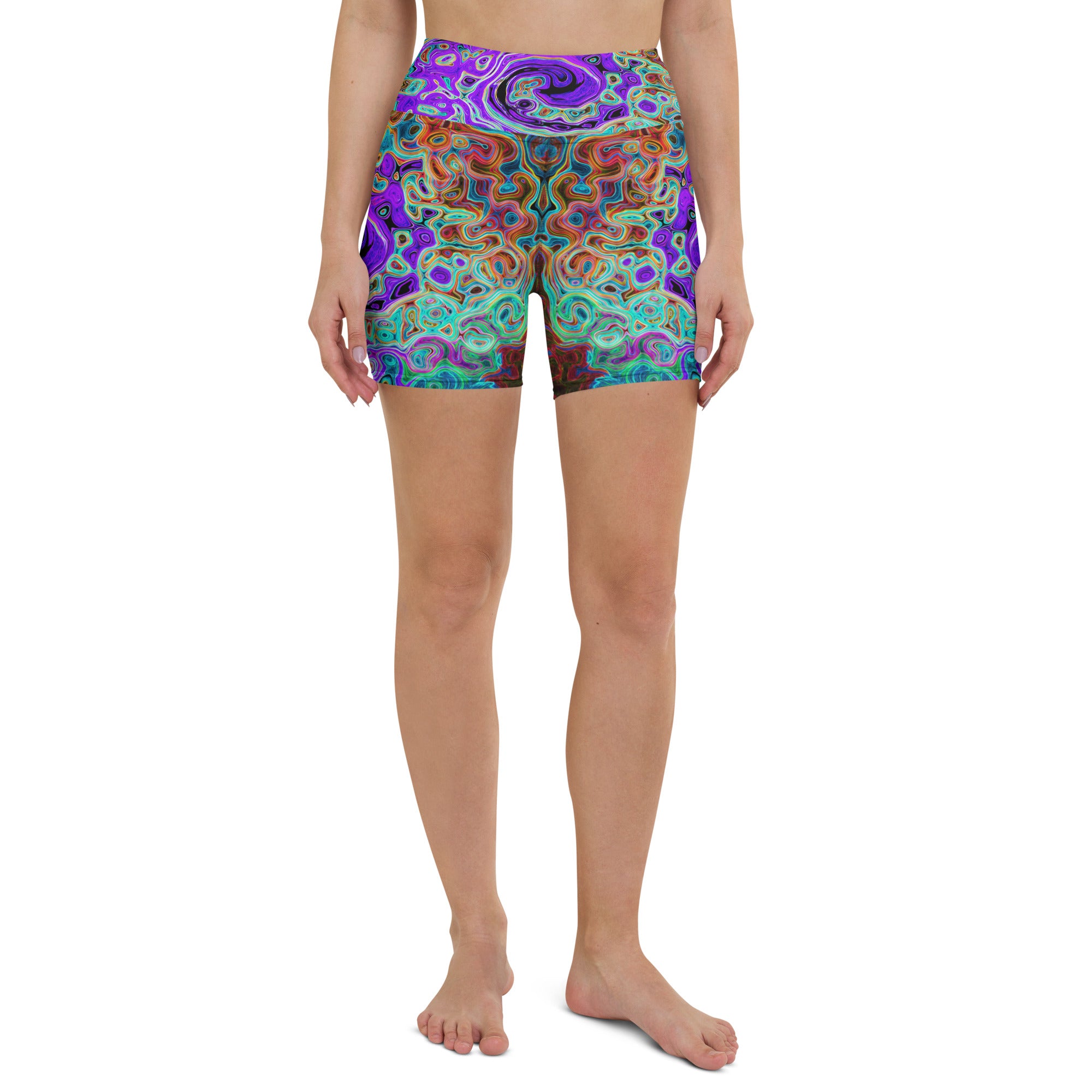 Yoga Shorts - Purple Colorful Groovy Abstract Retro Liquid Swirl