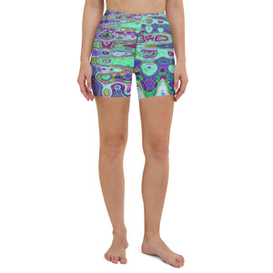 Yoga Shorts for Women | Abstract Green and Purple Wavy Mosaic Retro