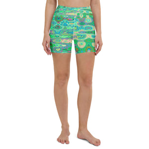 Yoga Shorts for Women | Abstract Colorful Green Wavy Mosaic Retro