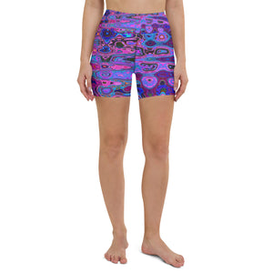 Yoga Shorts for Women | Abstract Mosaic Pink and Blue Wavy Retro