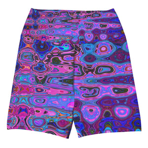 Yoga Shorts for Women | Abstract Mosaic Pink and Blue Wavy Retro