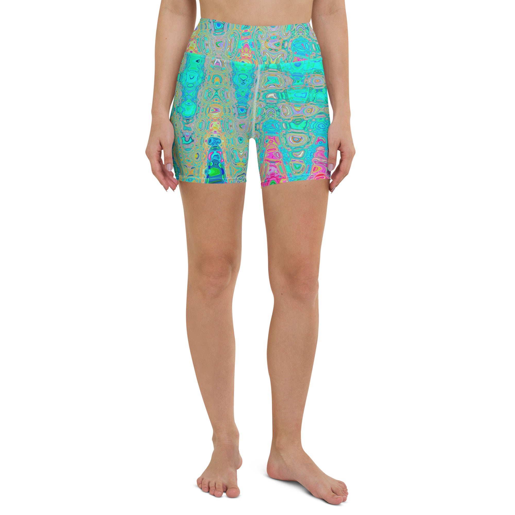 Yoga Shorts for Women | Groovy Abstract Retro Rainbow Atomic Waves