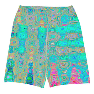 Yoga Shorts for Women | Groovy Abstract Retro Rainbow Atomic Waves