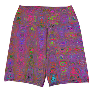 Yoga Shorts for Women | Psychedelic Groovy Magenta Retro Atomic Waves