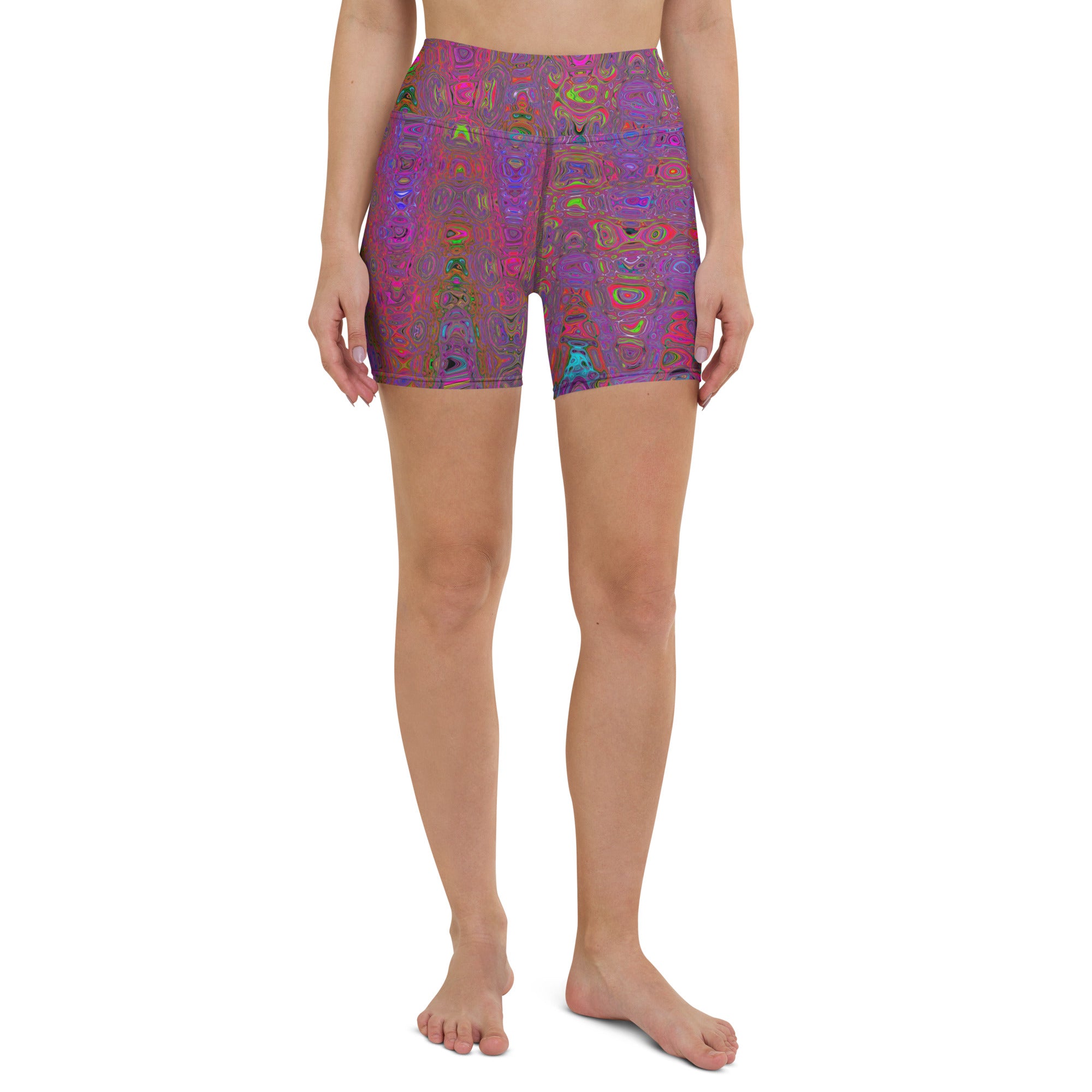 Yoga Shorts for Women | Psychedelic Groovy Magenta Retro Atomic Waves