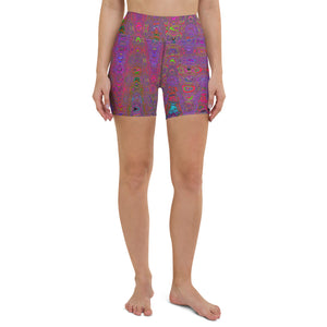 Yoga Shorts for Women | Psychedelic Groovy Magenta Retro Atomic Waves