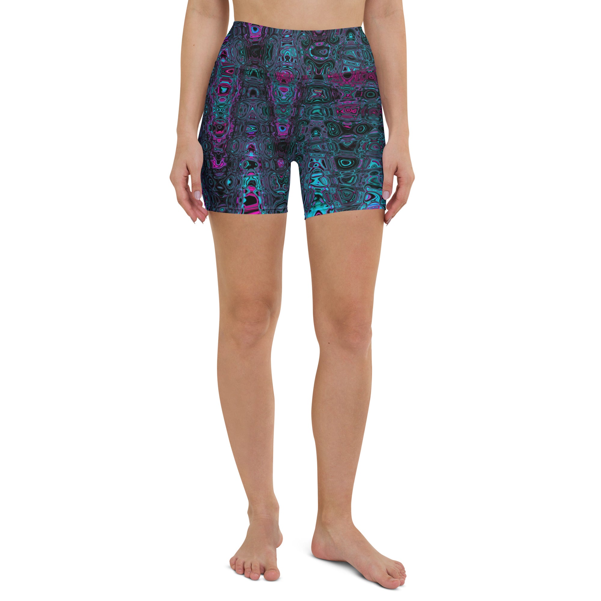 Yoga Shorts for Women | Retro Aqua Magenta and Black Abstract Atomic Waves