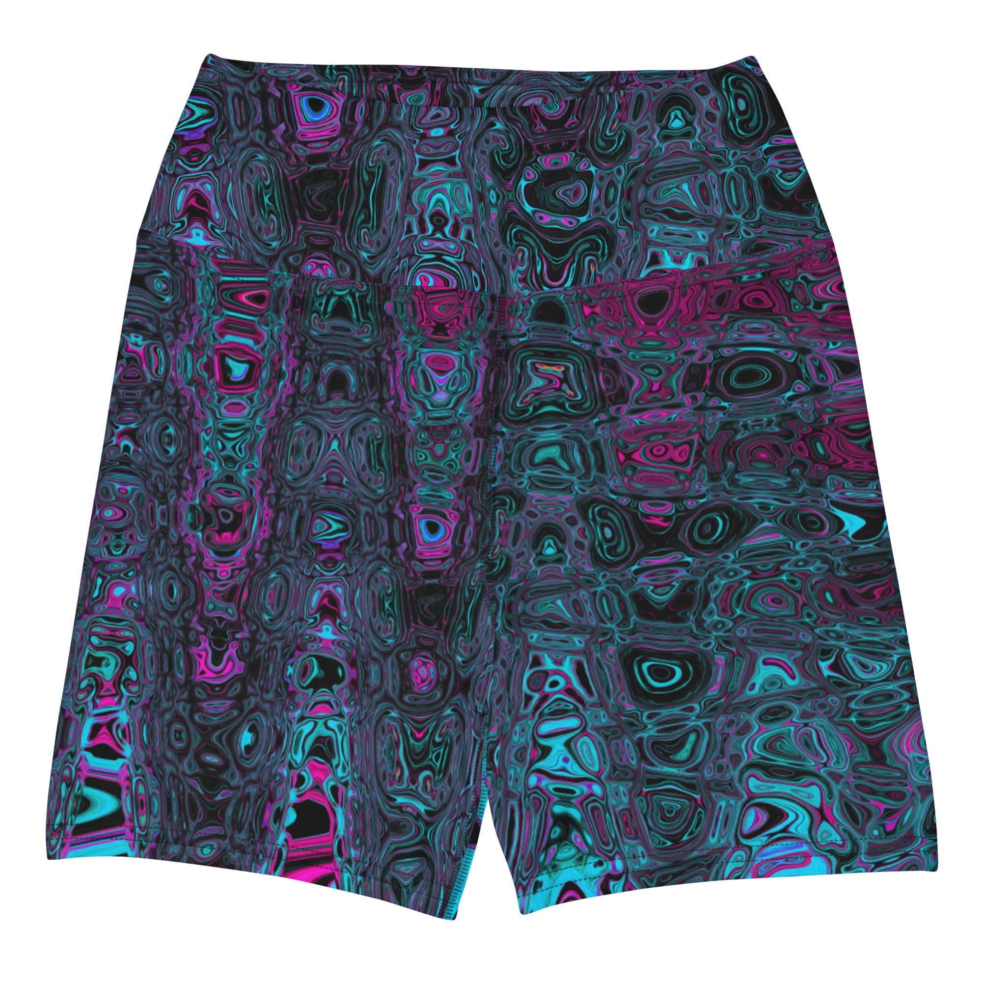 Yoga Shorts for Women | Retro Aqua Magenta and Black Abstract Atomic Waves