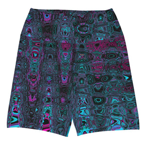 Yoga Shorts for Women | Retro Aqua Magenta and Black Abstract Atomic Waves