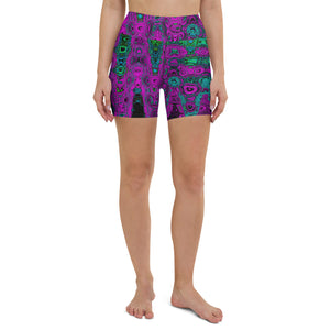 Yoga Shorts for Women | Bold Magenta Abstract Groovy Atomic Waves