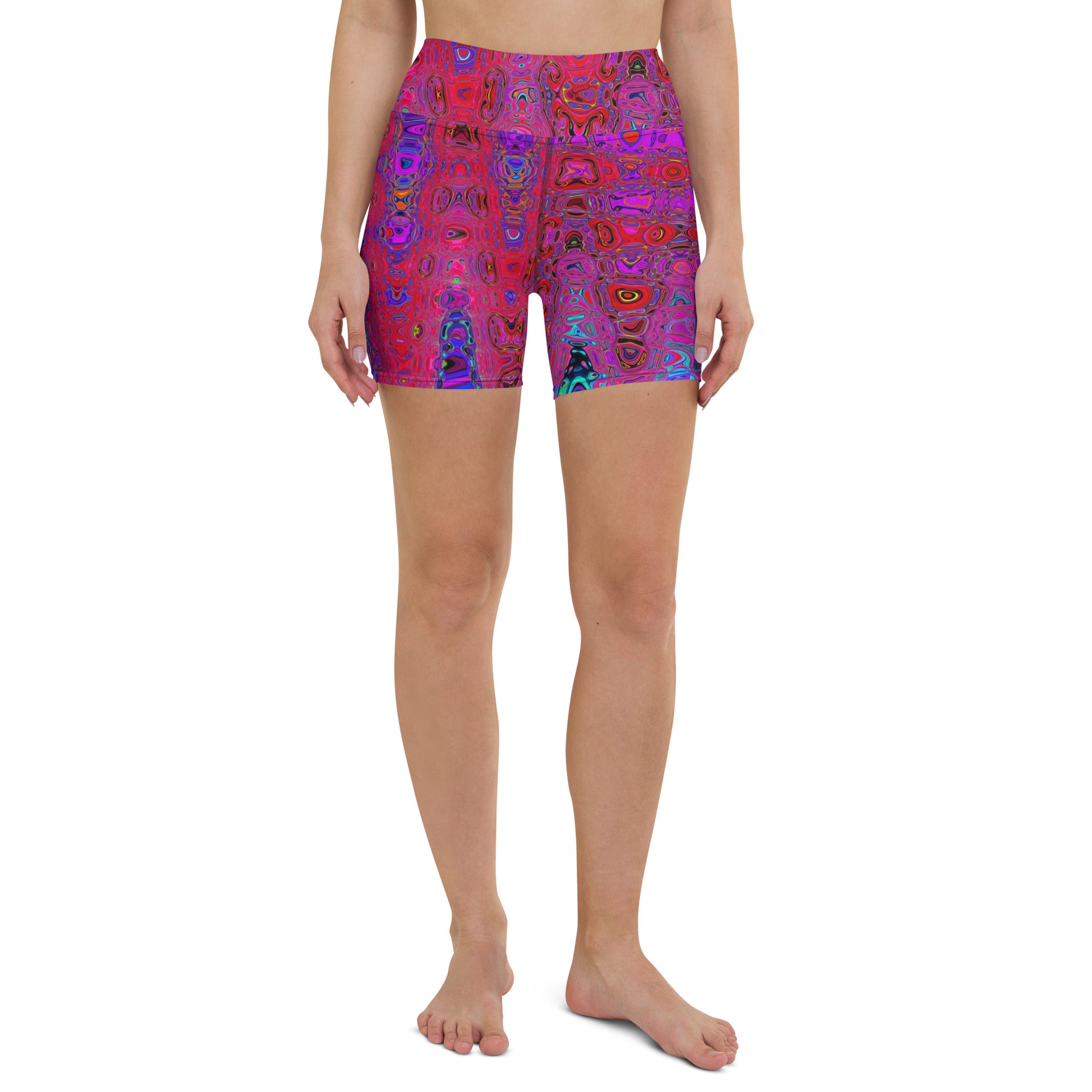 Yoga Shorts for Women | Trippy Red and Purple Abstract Retro Atomic Waves