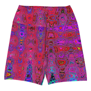 Yoga Shorts for Women | Trippy Red and Purple Abstract Retro Atomic Waves